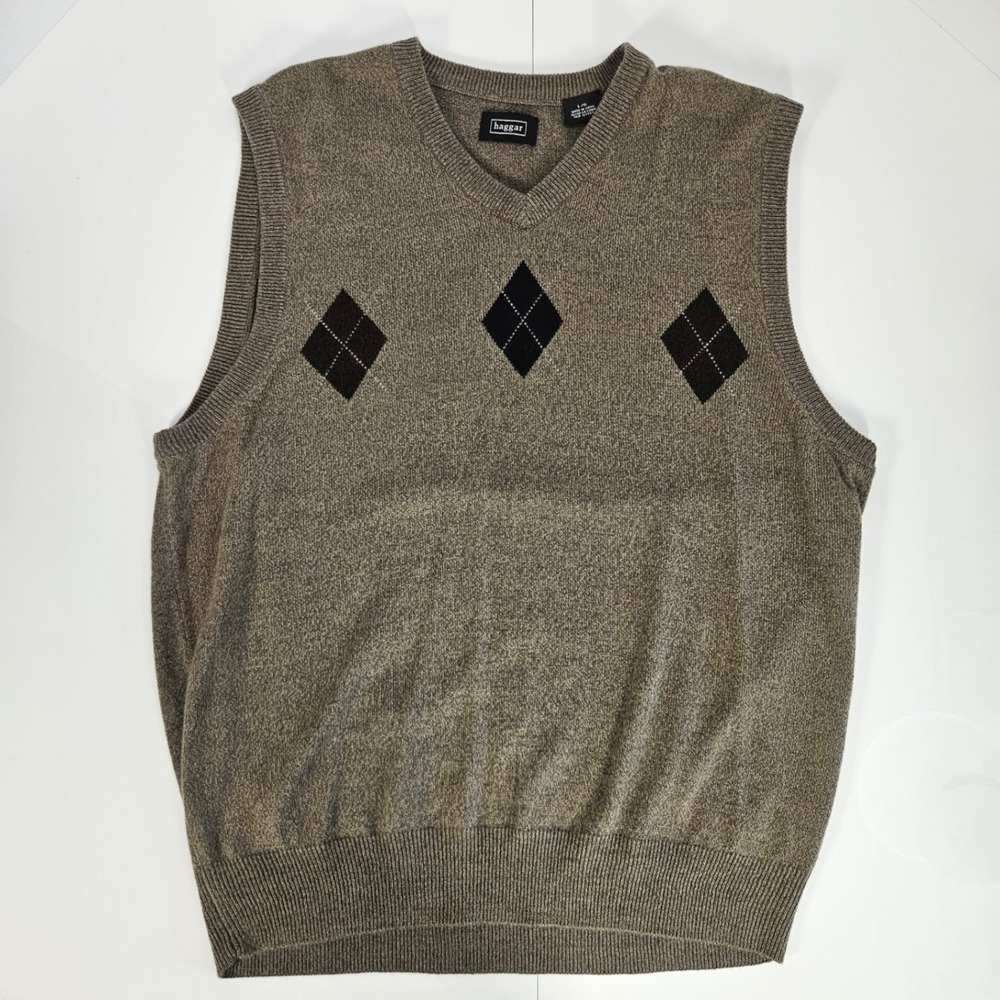 Haggar Mens Brown Argyle V-Neck Sweater Vest Size Large Heathered Knit Layering